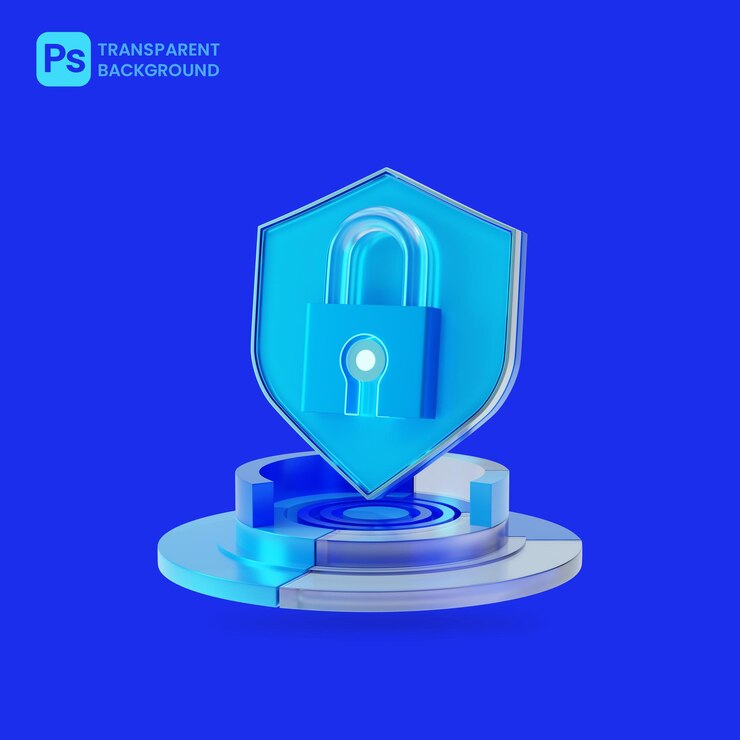 PSD ícone 3d de segurança cibernética e cadeado em pé sobre o pódio do círculo