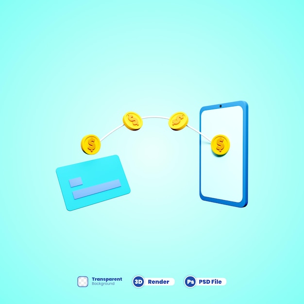 ícone 3D de transferência de dinheiro online com telefone celular