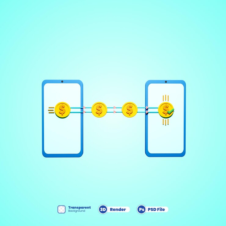 PSD ícone 3d de transferência de dinheiro online com telefone celular