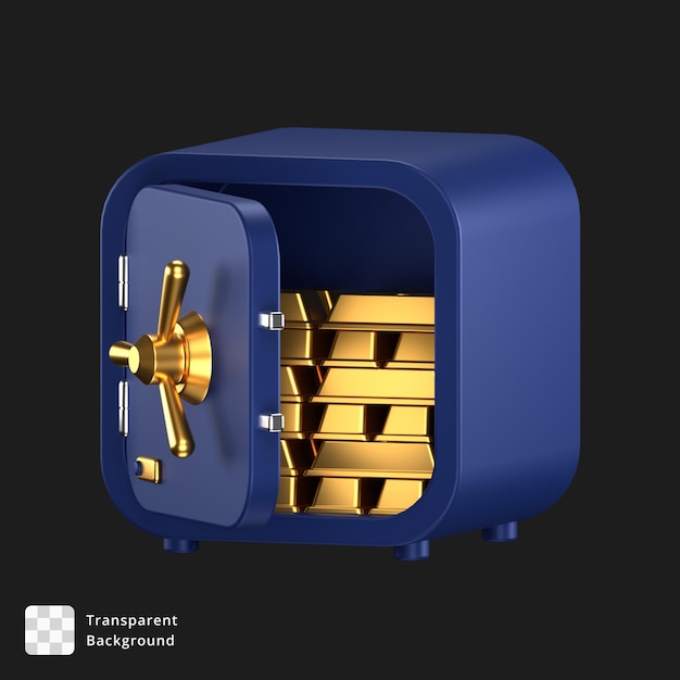 Ícone 3d de um cofre azul aberto com pilhas de barras de ouro dentro