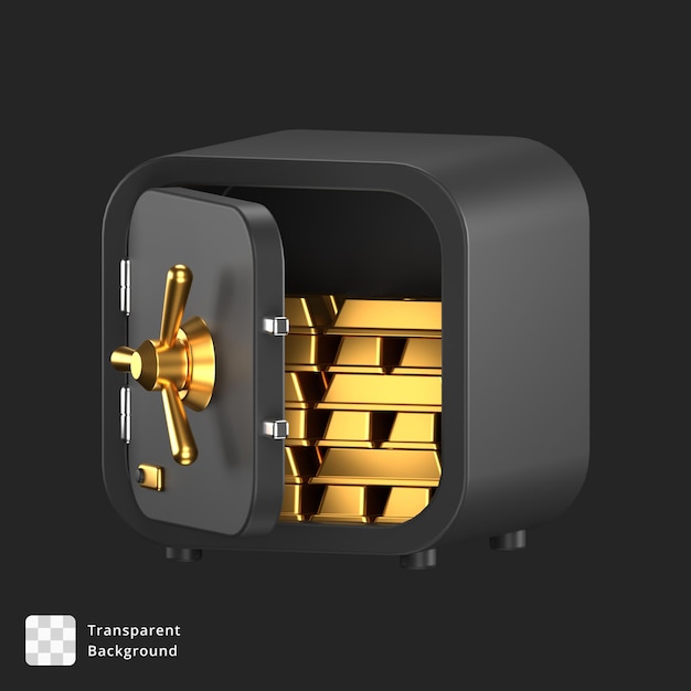 Ícone 3d de um cofre preto aberto com pilhas de barras de ouro dentro