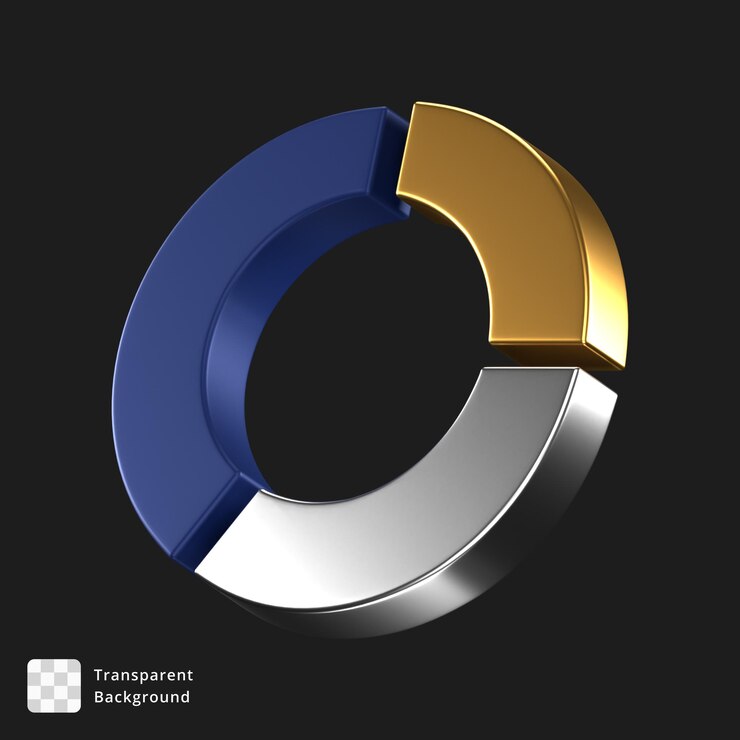 PSD ícone 3d de um gráfico de rosquinhas de ouro e prata azul