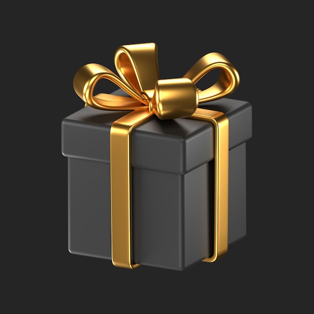 Ícone 3d de uma caixa de presente preta com fita de embrulho dourada