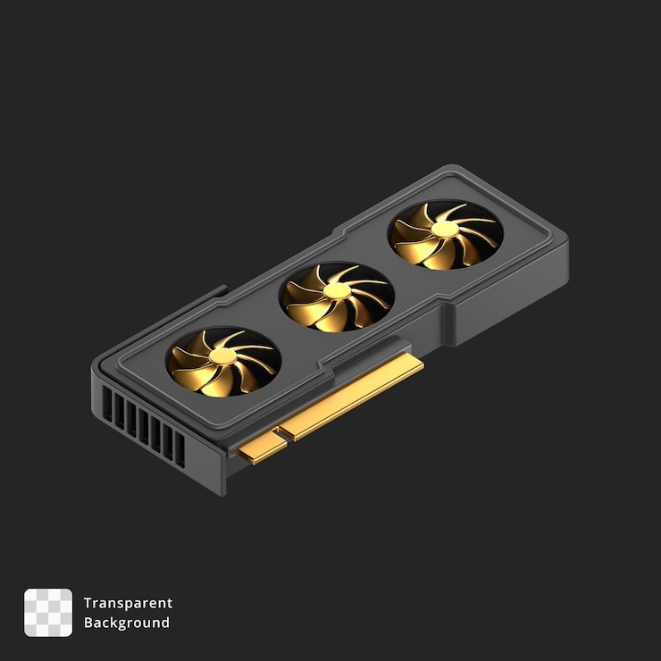 PSD ícone 3d de uma gpu preta com detalhes dourados