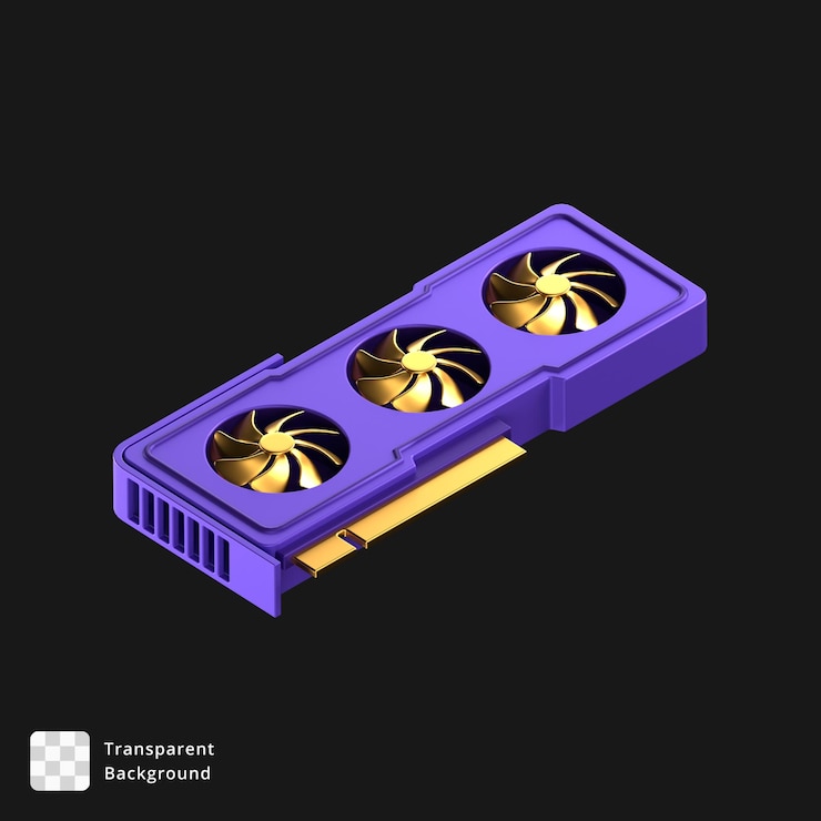 PSD ícone 3d de uma gpu roxa com detalhes dourados