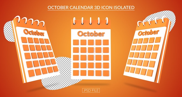 Ícone 3d do calendário de outubro isolado