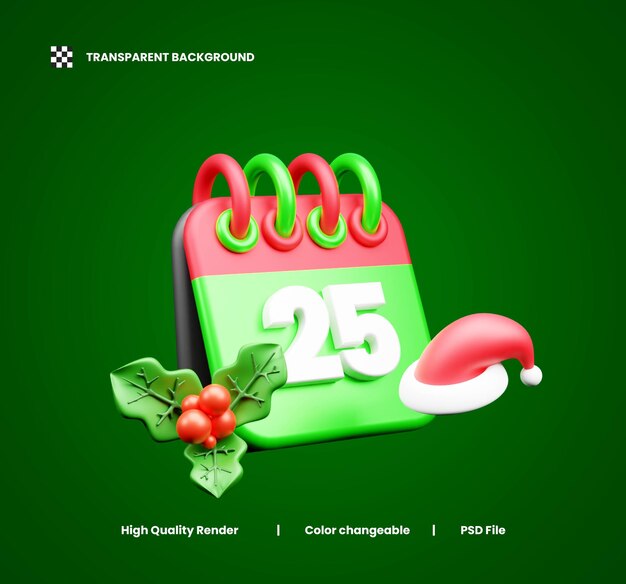 PSD icône 3d du jour de noël ou de la journée du calendrier de noël iconique 3d ou de la date de noël