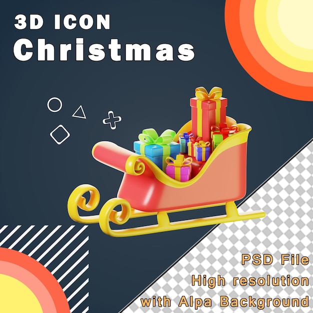 PSD icône 3d du train du père noël avec boîte à cadeaux de noël illustration 3d haute résolution