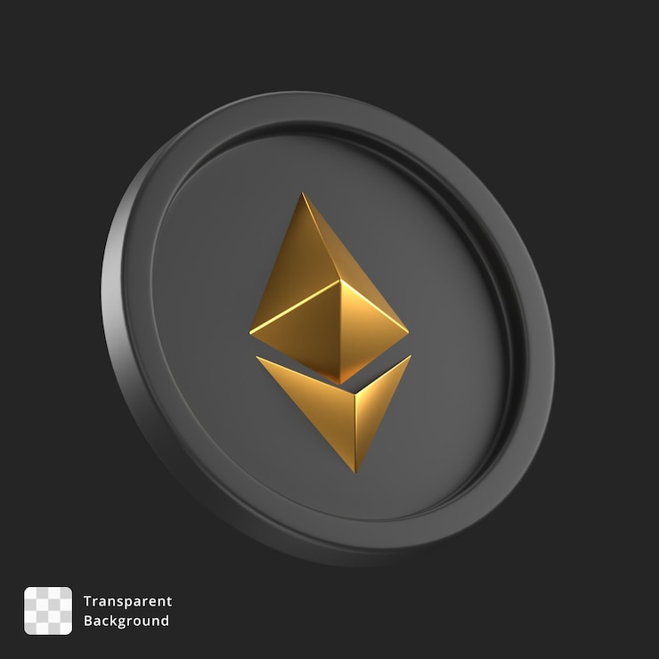 PSD icône 3d d'une pièce noire avec le logo ethereum en or au centre