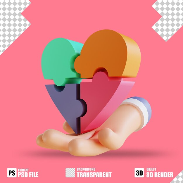 Ícone 3D quebra-cabeça de amor e mãos 4 para o dia dos namorados