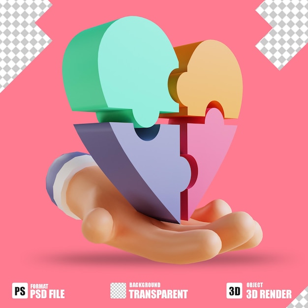 Ícone 3D quebra-cabeça de amor e mãos 5 para o dia dos namorados
