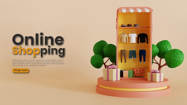 ICÔNE D'ACHAT DANS LE TÉLÉPHONE COMME RENDU 3D DE PODIUM DE REPRÉSENTATION D'ACHAT EN LIGNE