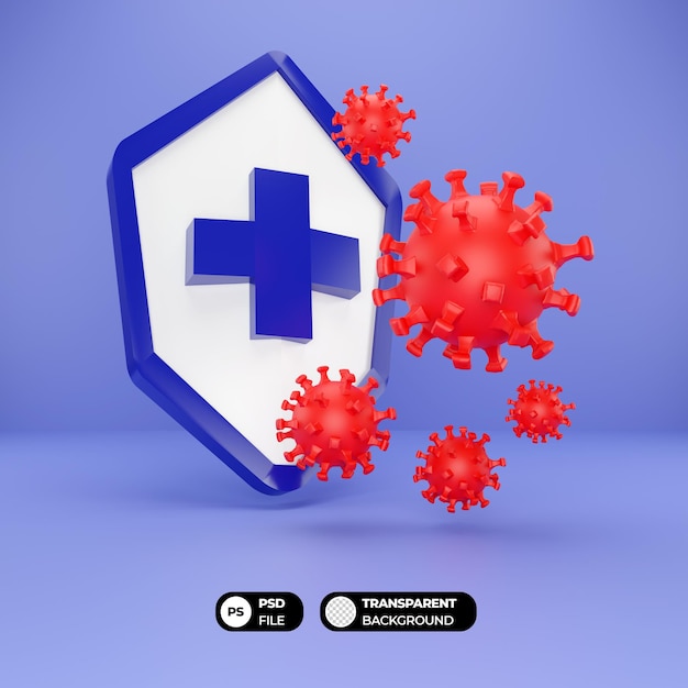 PSD icône de bouclier de protection et illustration 3d du virus