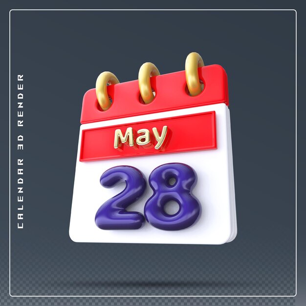 PSD icône de calendrier du 28 mai, rendu 3d