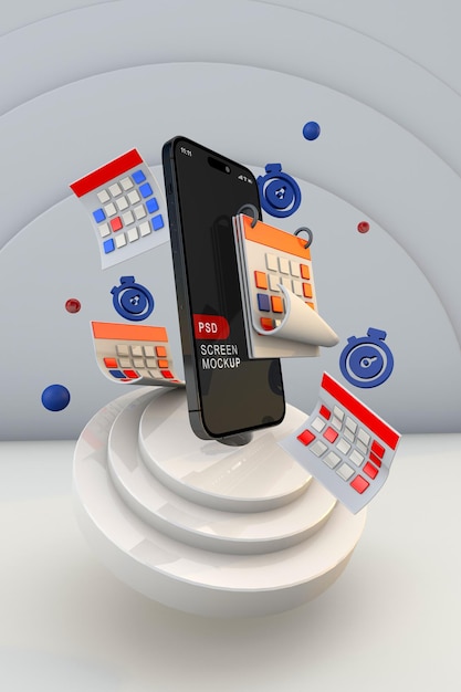 PSD icône de calendrier et maquette d'affichage avec smartphone