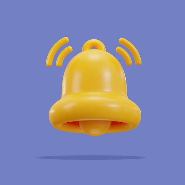 Icône de cloche 3D isolée sur fond blanc Rendering 3D réaliste de cloche jaune sonnant avec un nouveau notif