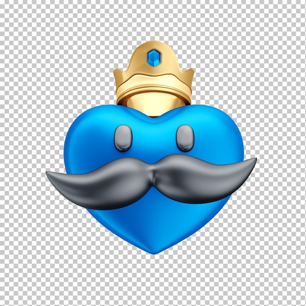 icône de coeur de dessin animé bleu avec moustache et couronne en jour 3d father039s avec fond transparent