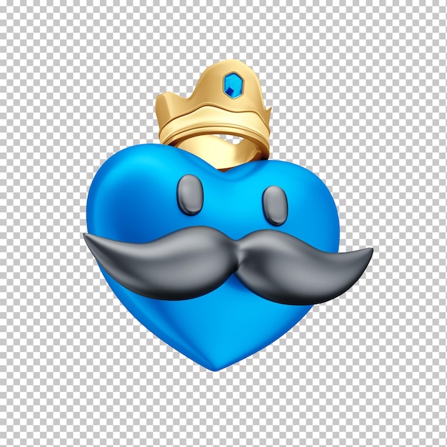 icône de coeur de dessin animé bleu avec moustache et couronne en jour 3d father039s avec fond transparent