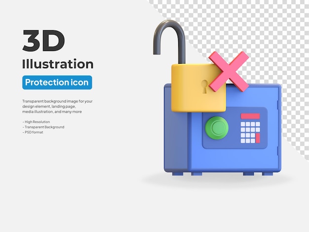 PSD icône de coffre-fort d'argent déverrouillé avec un cadenas ouvert et une croix illustration de rendu 3d