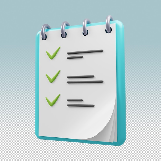 Ícone da lista de tarefas bloco de notas com renderização em 3d da lista de tarefas concluída psd premium