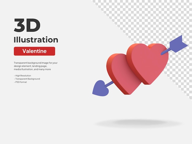 Ícone de amor de seta de coração símbolo de dia dos namorados 3d render ilustração