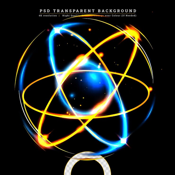 PSD ícone de átomo modelo nuclear brilhante em fundo escuro