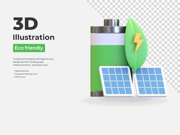PSD Ícone de bateria de energia do painel solar com folha verde símbolo de energia ecológica ilustração 3d render