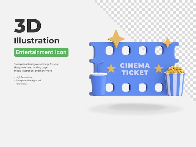 Ícone de bilhete de cinema com ilustração de renderização 3d de entretenimento de símbolo de pipoca