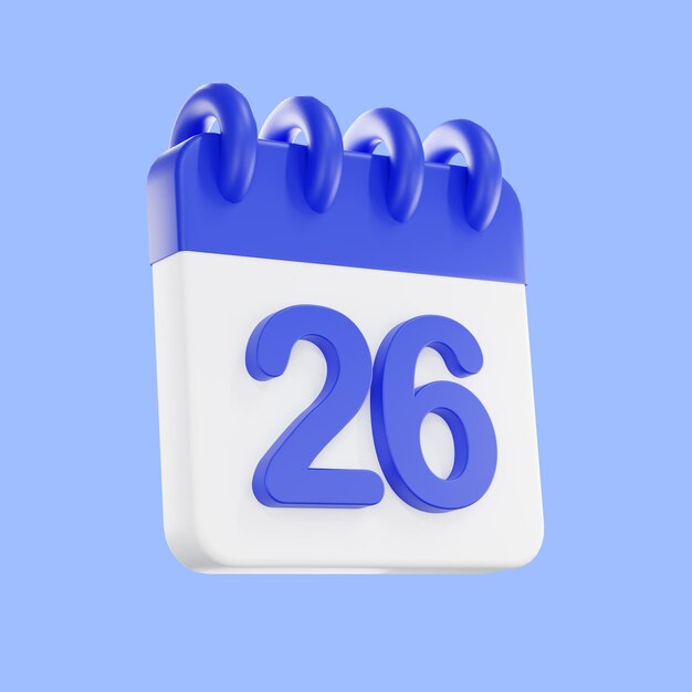 Ícone de calendário de renderização 3d com um dia de 26 cores azul e branco