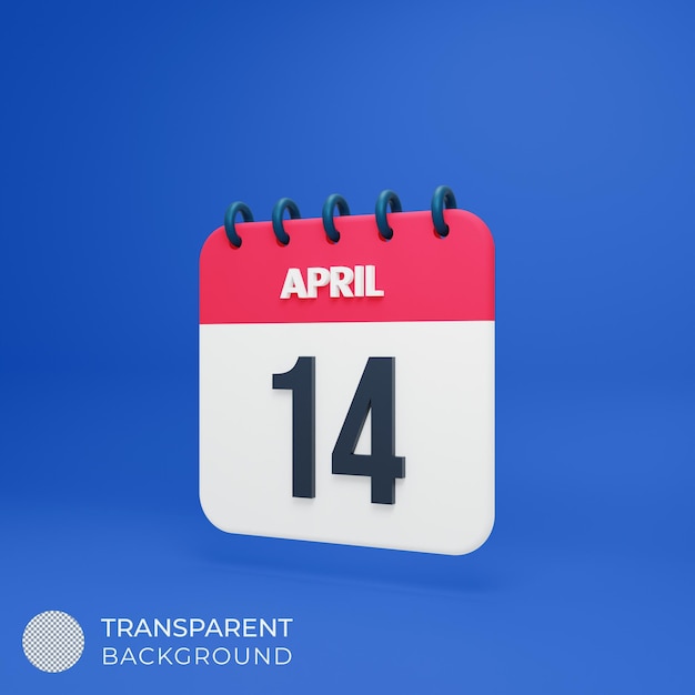 PSD Ícone de calendário realista de abril 3d renderizado data 14 de abril