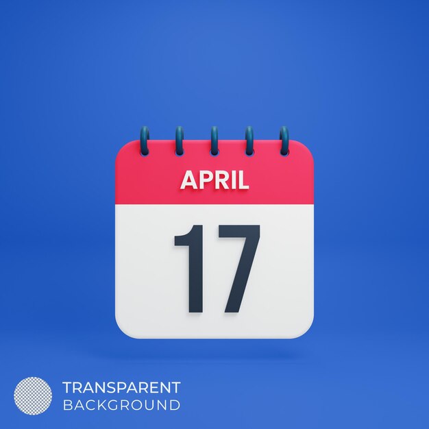 Ícone de calendário realista de abril 3d renderizado data 17 de abril