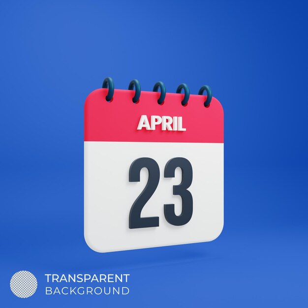 PSD Ícone de calendário realista de abril 3d renderizado data 23 de abril
