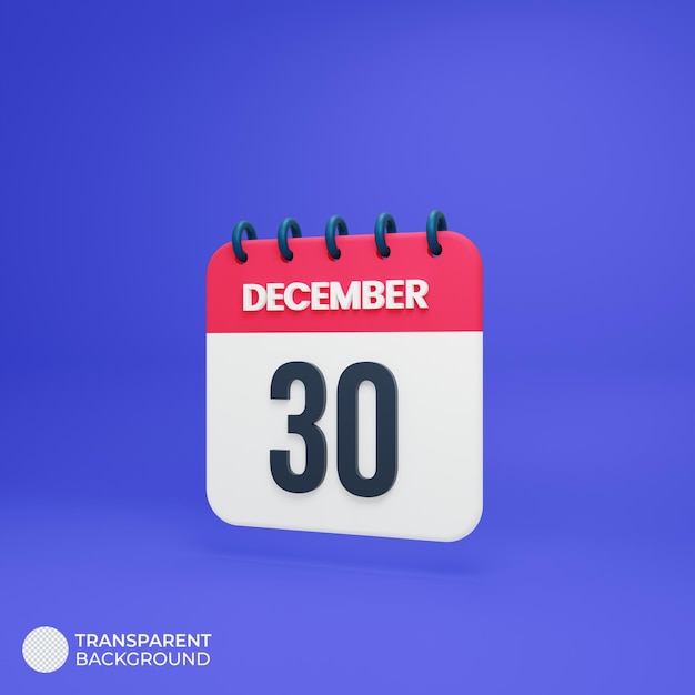 Ícone de calendário realista de dezembro 3D renderizado data 30 de dezembro