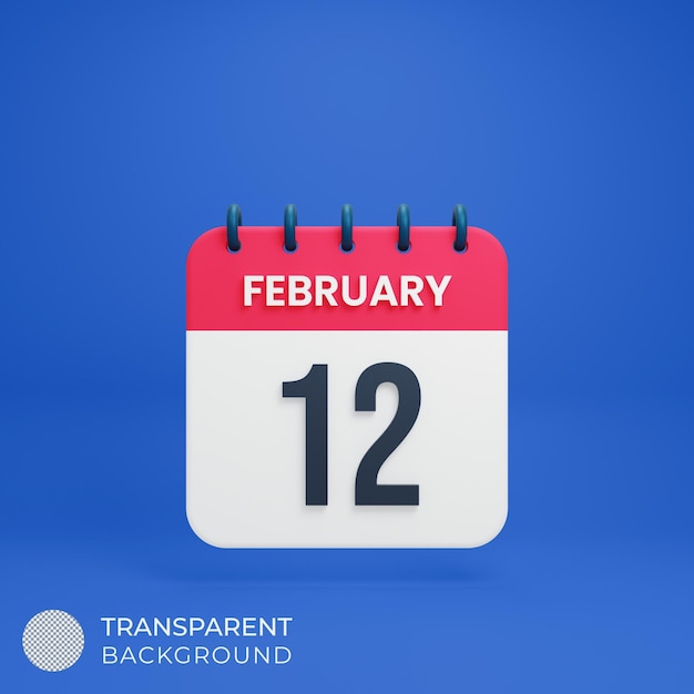 Ícone de calendário realista de fevereiro ilustração 3D Data 12 de fevereiro