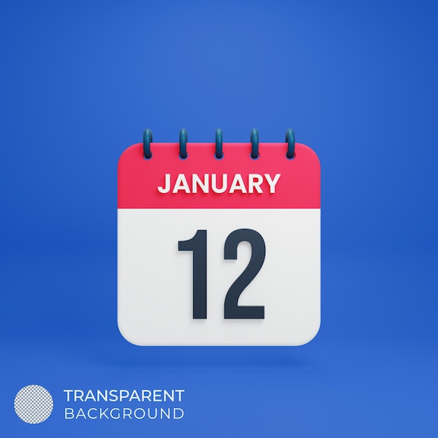Ícone de calendário realista de janeiro Ilustração 3D Data 12 de janeiro