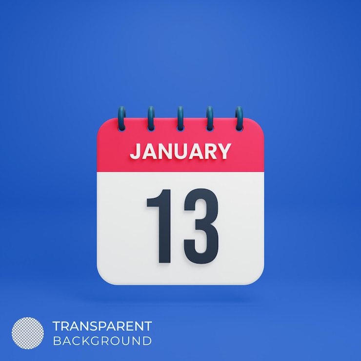 PSD ícone de calendário realista de janeiro ilustração 3d data 13 de janeiro