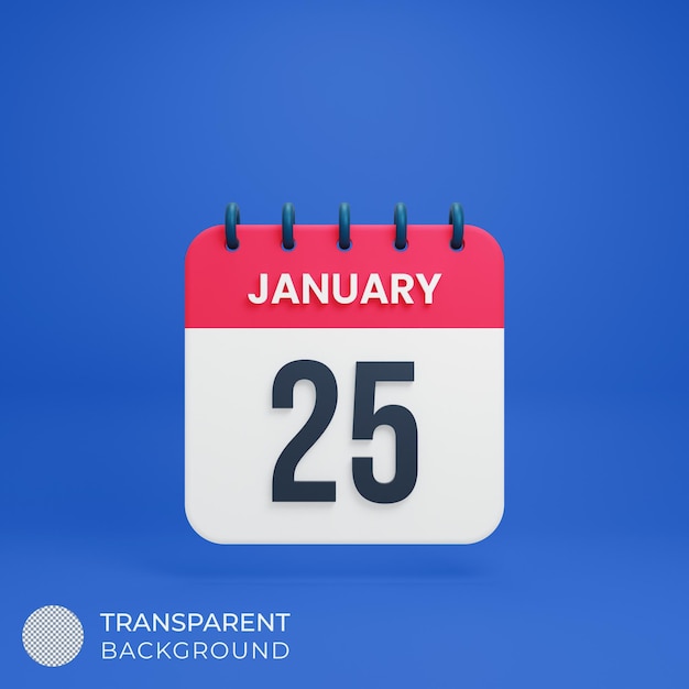 Ícone de calendário realista de janeiro Ilustração 3D Data 25 de janeiro