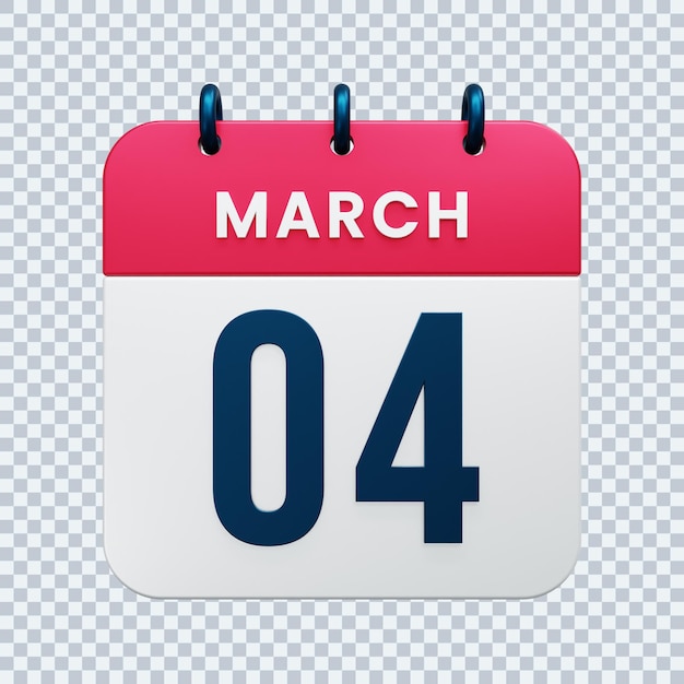 Ícone de calendário realista de março ilustração 3d data 04 de março