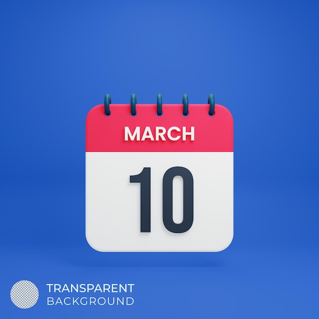 Ícone de calendário realista de março ilustração 3d data 10 de março