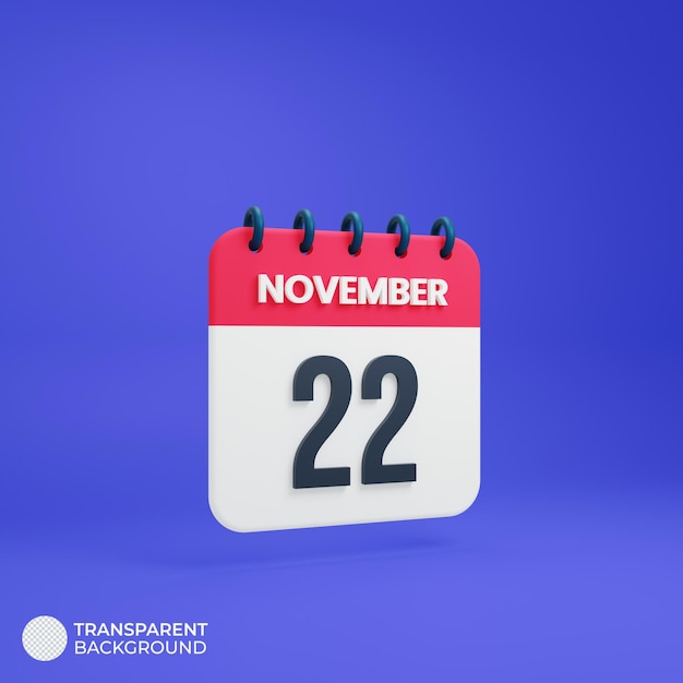 Ícone de calendário realista de novembro 3d renderizado data 22 de novembro