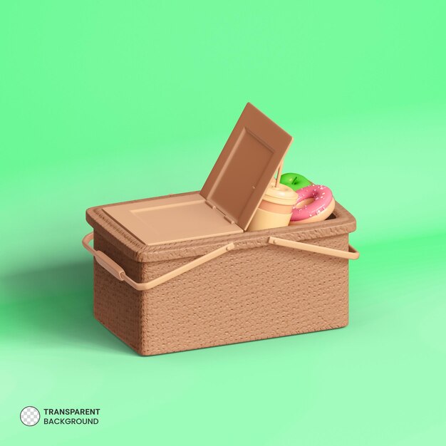 Ícone de cesta de comida de piquenique isolado ilustração de renderização 3d