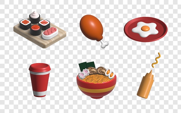 PSD Ícone de comida 3d com sushi ramen bebida mostarda de frango e ovos mexidos