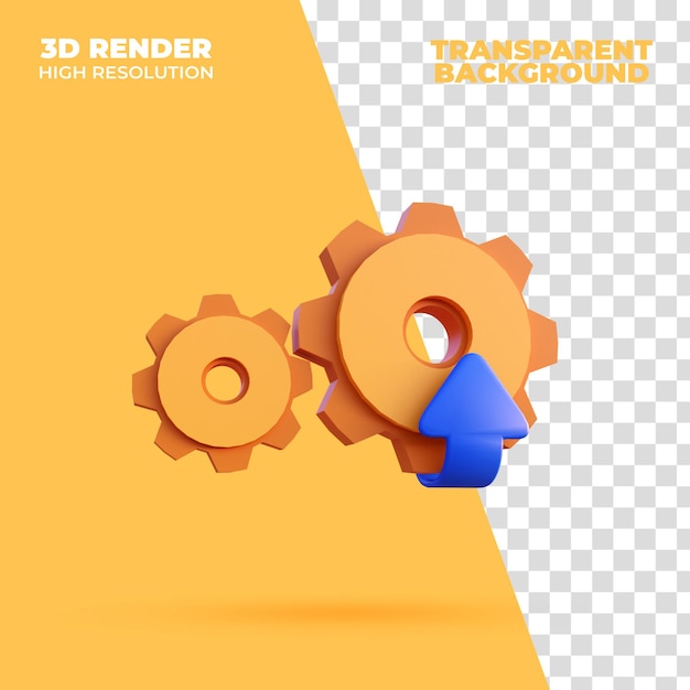 Ícone de configuração de engrenagem de atualização amarelo 3d render vista em perspectiva isolada