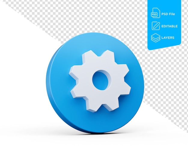 Ícone de configuração gear ou cog 3d em fundo isolado azul forma redonda ícone de notificação de design da web
