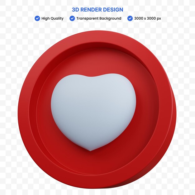 ícone de coração vermelho de renderização 3D isolado
