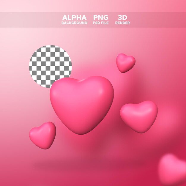 ícone de corações de renderização 3D para ilustração de design de dia dos namorados
