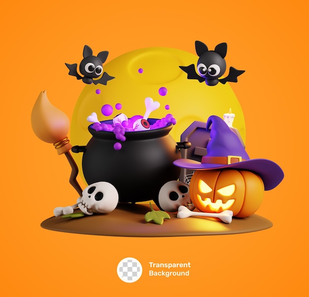 Ícone de desenho animado feliz dia das bruxas 3d com abóbora, caldeirão de aço e outras decorações de dia das bruxas isoladas
