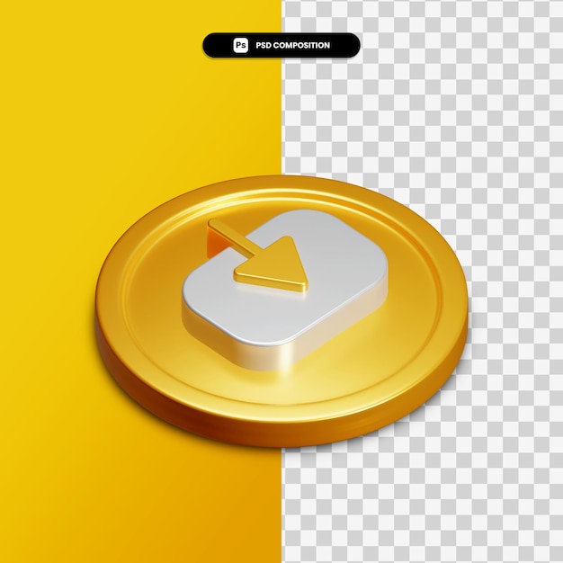 Ícone de download de renderização 3d no círculo dourado isolado