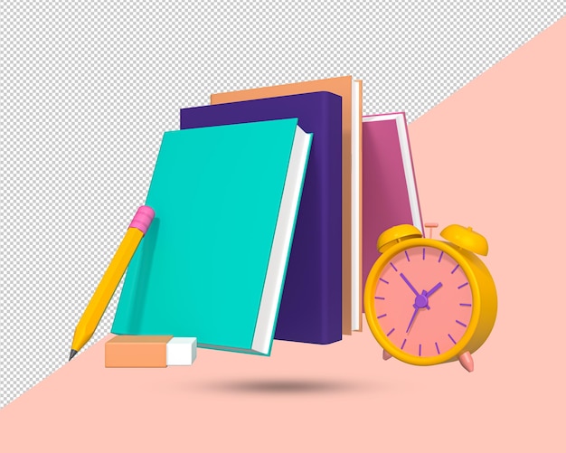 Ícone de educação 3D Livros lápis borracha relógio símbolo 3D isolado Educação e estudo escola conceito
