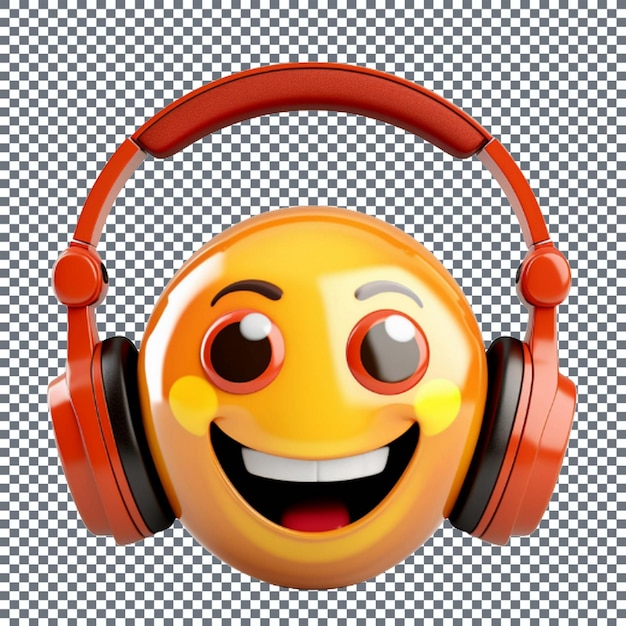 PSD Ícone de emoji sorridente com fones de ouvido em um fundo transparente ilustração 3d